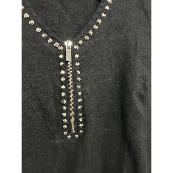 JM Collection Black Linen Tunic Top Rhinestone Detail Zipper Neck Size 8 - Picture 4 of 8